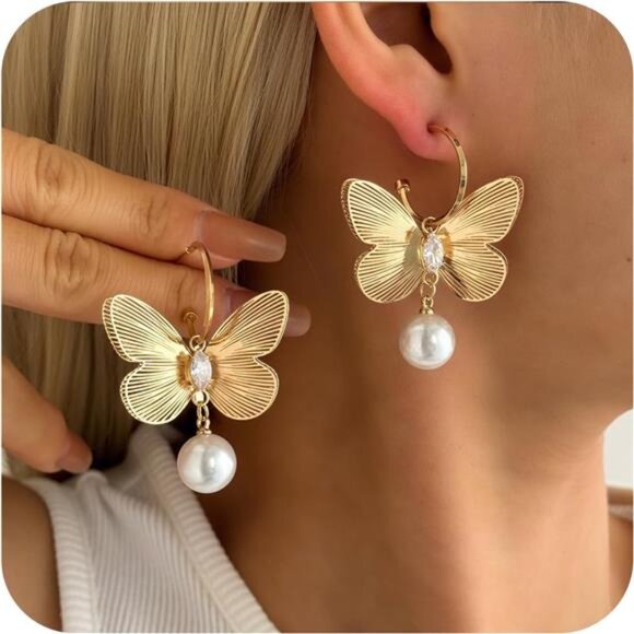 Vintage Gold Butterfly Dangle Earrings – Pearl Accent Alloy Statement Jewelry - Picture 1 of 5